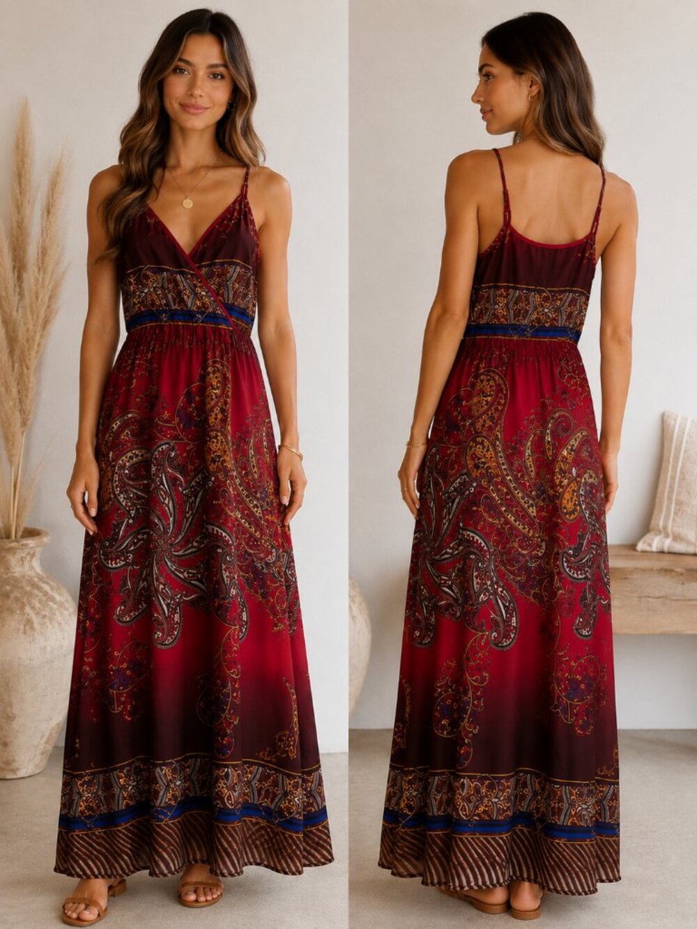 Boho Paisley Maxi Dress Red Brown Sleeveless Lined Slip Dress Small